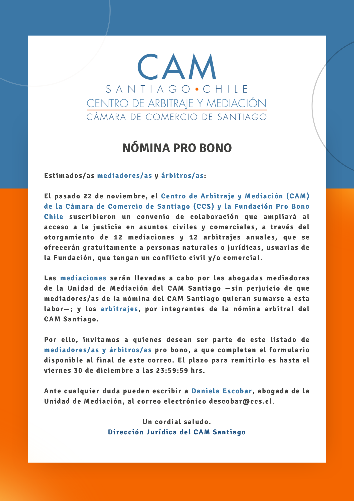Inscripciones nómina Pro Bono CAM Santiago
