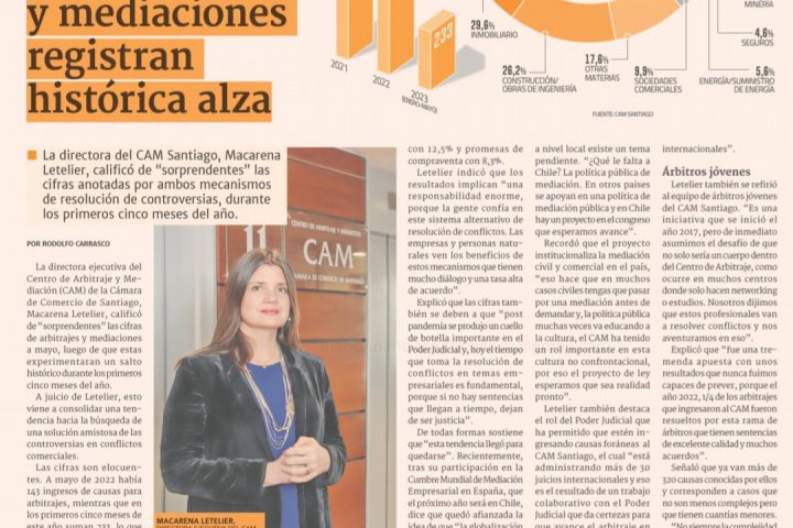Diario Financiero (14/06/2023): Arbitrajes se disparan a mayo y mediaciones registran histórica alza