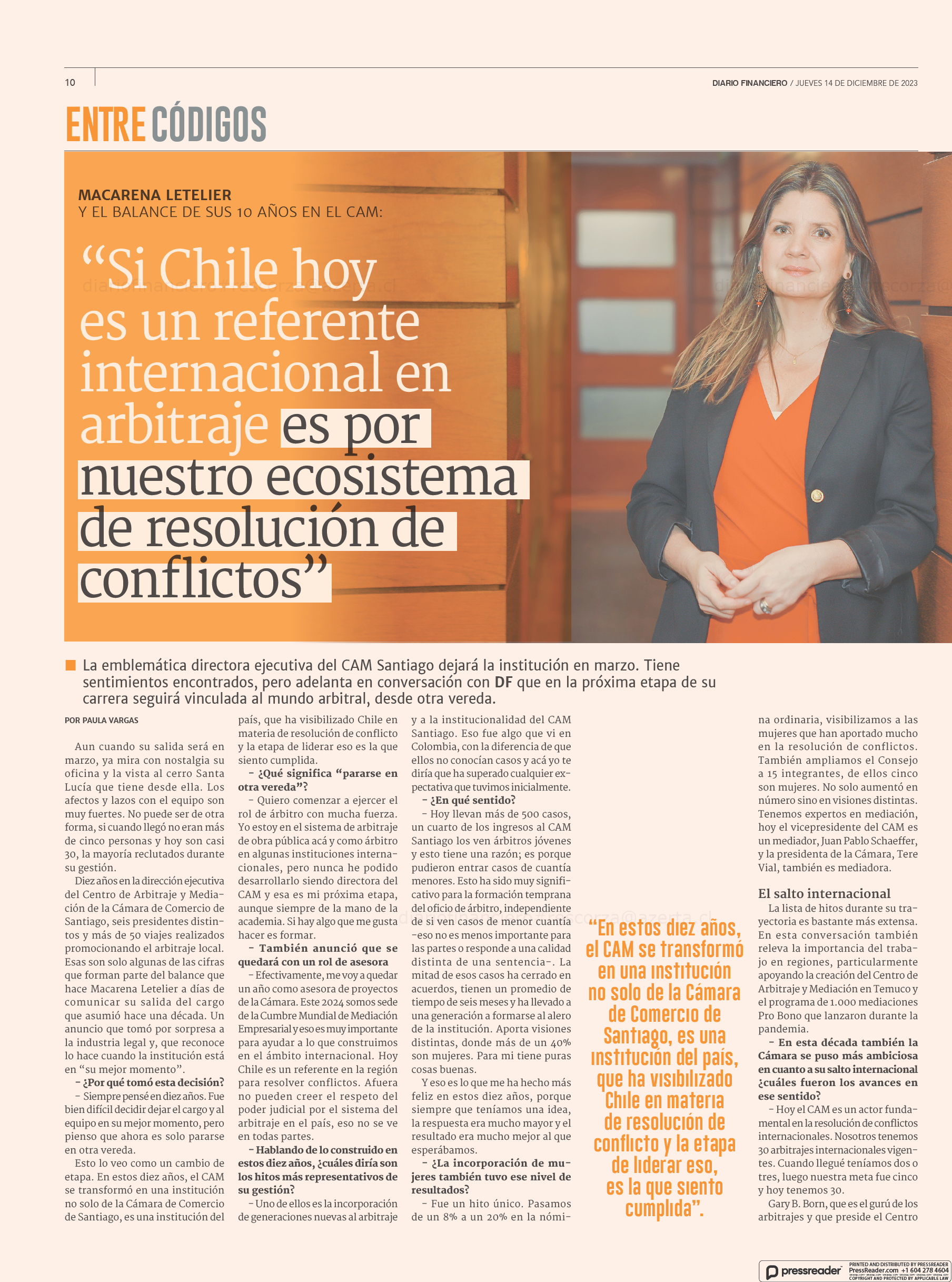 [Diario Financiero] Macarena Letelier y el balance de sus 10 años en el CAM: “Si Chile hoy es un referente internacional en arbitraje es por nuestro ecosistema de resolución de conflictos”