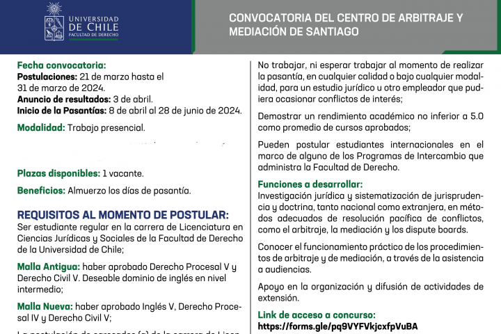 Convocatoria Pasantes Derecho U.Chile 1° Semestre 2024